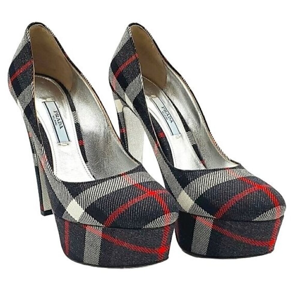Prada Anthrocite Tartan Platform Heels, Prada Plaid Heels